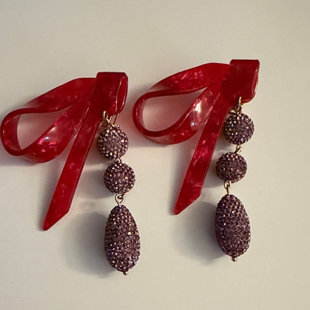 Lele Sadoughi Red and Purple Crystal Bow Earrings Never Worn